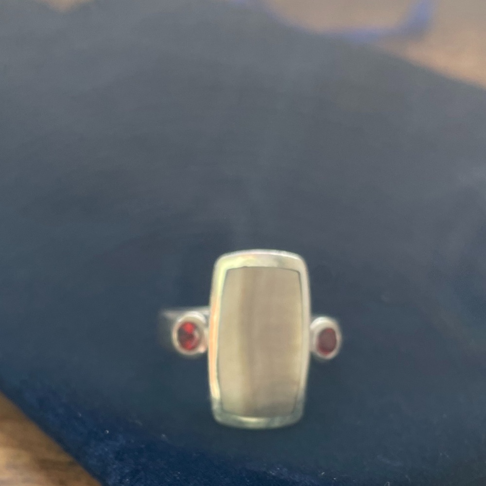 Mother of pearl and garnet silver ring, US size 7